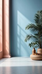 On a blue plaster wall, a minimal product placement background with palm shadow Elegant summertime architecture and interior design Stage mockup of a bohemian house room for a product platform 