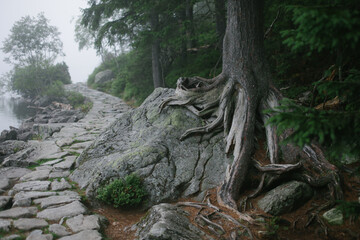 Foggy Path of Cobbles with Large Boulder Entwined by Tree's Mighty Roots © Anastazja