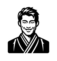 A happy smiling man with his eyes closed and dimples in his cheeks. A simple black and white vector icon.