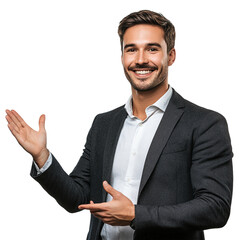 Smiling businessman with his open palm extended to the side against transparent background for business or professional contexts