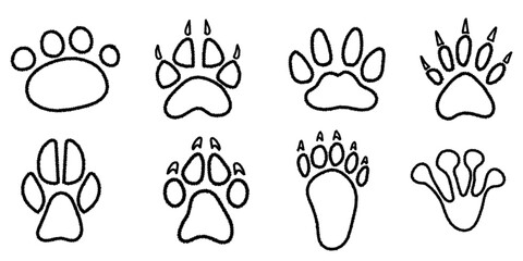 Set of silhouette footprints in brush stroke texture paint style. Traces of animals. Wild animal feet silhouette.Vector chalk graphic elements