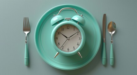 Turquoise alarm clock on plate with cutlery. Concept of Intermittent fasting, diet, meal timing, weight loss, and healthy lifestyle