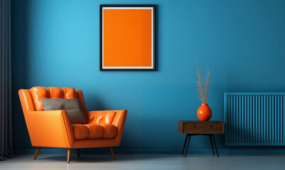 MidCentury Modern Interior Orange Armchair Teal Walls Orange Artwork