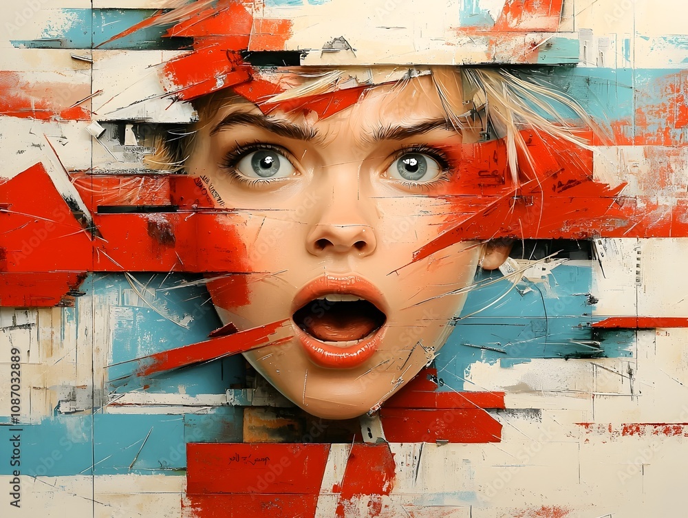 Poster retro pop art interpretation of a woman with surprised and expressive features displayed through bol