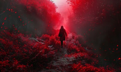 Obraz premium Girl walks in red forest