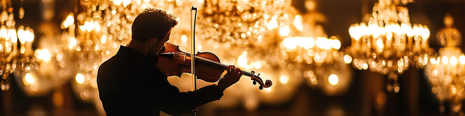 A lone violinist, clad all in black, stands before a majestic chandelier, their instrument held aloft like a beacon of artistic expression.