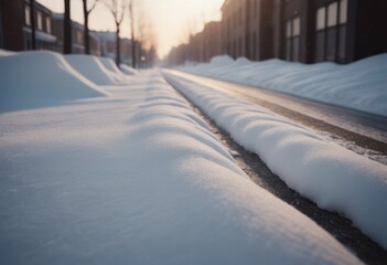 Snowy street in the city. Winter landscape with snowdrifts.