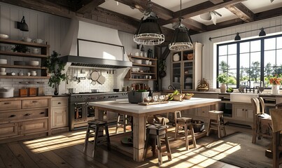 Large farmhouse kitchen with a large island, apron sink, and rustic decor, 4K hyperrealistic photo