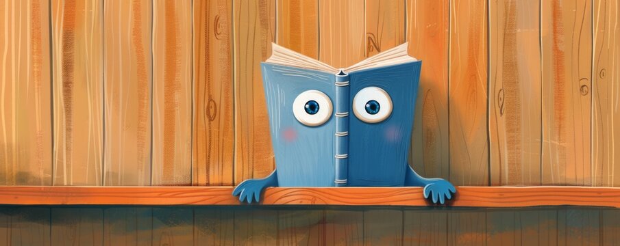 Cartoon curious blue book with googly eyes peeks off a shelf, wanting to explore the world.