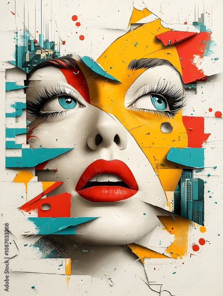Poster vibrant retro pop art interpretation of a woman s dynamic fragmented face with hyper saturated compl