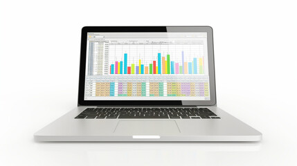 A professional laptop on a white background displaying a financial spreadsheet with rows of numerical data