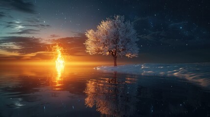 Fototapeta premium Frozen tree with snow on branches stands on an icy lake at sunrise. Stunning winter landscape with a fiery sunset and reflections. Concept of winter, nature, beauty, and solitude.