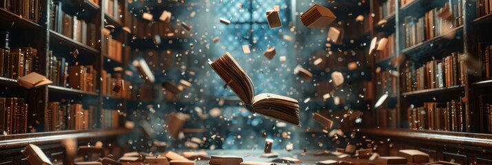 Magic in the Library. Books Flying through the Air in an Old Library
