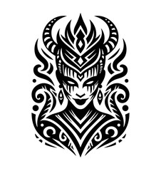 Fototapeta premium Portrait of a female demon with horns drawn in a tribal tattoo style. Isolated on white vector illustration.