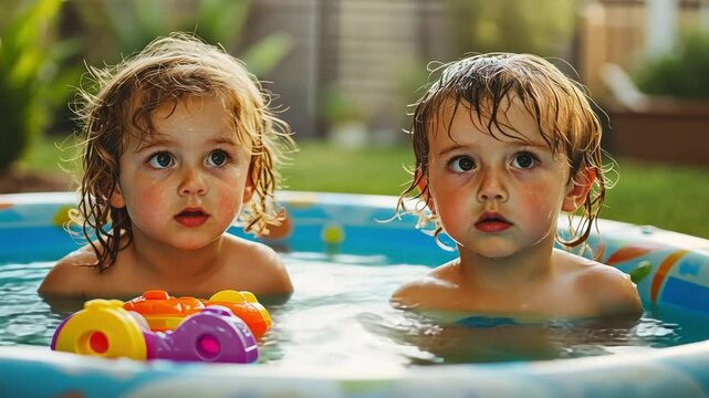 Siblings in a kiddie pool with water toys floating around, but both staring off into the distance, not enjoying the moment.