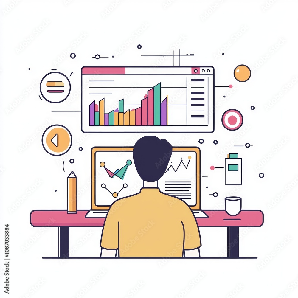 Poster faceless laptop user analyzes project progress viewing colorful infographics and diagrams indicate s