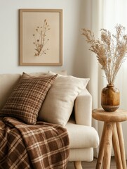 Cozy Living Room with Plaid Blanket and Framed Floral Art