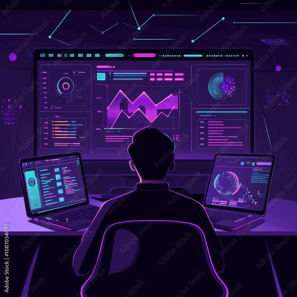 Poster faceless individual engages various laptops displaying colorful infographics and project statistics 