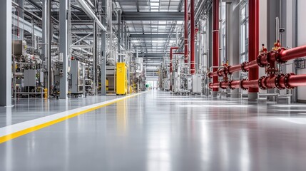 Industrial Interior with Red Pipes and Yellow Stripe