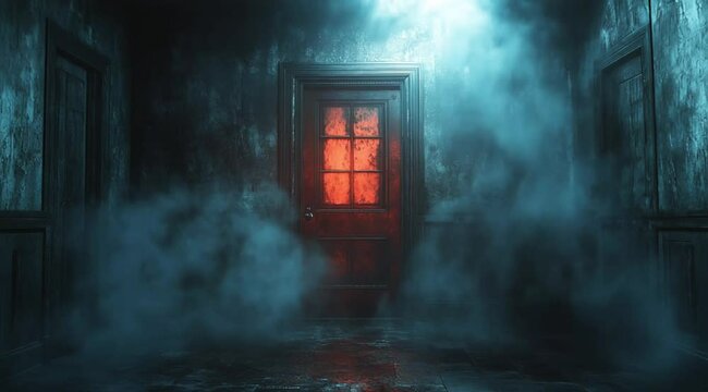 Horror scene of door with smoky atmosphere, Camera slow motion with different angles