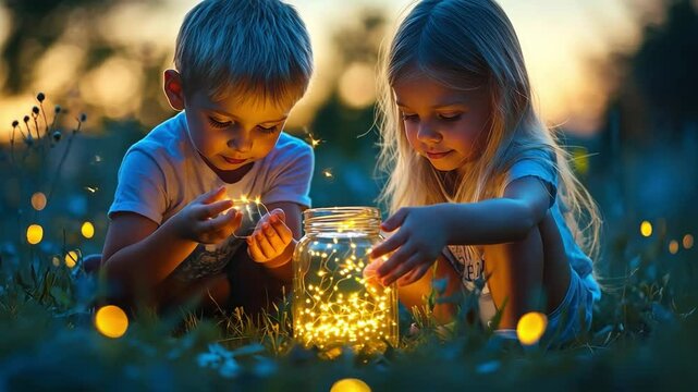 Siblings catching fireflies in a jar at twilight, with a soft summer breeze and the sounds of crickets in the background.
