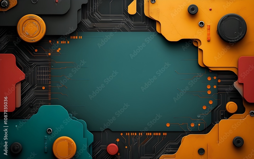 Poster colorful and dynamic digital featuring a futuristic aesthetic with glitchy circuit board patterns da