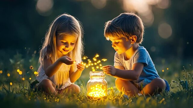 Siblings catching fireflies in a jar at twilight, with a soft summer breeze and the sounds of crickets in the background.