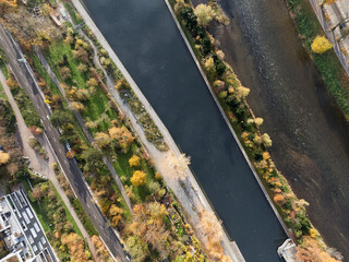 Aerial view of Swiss City of Zürich with road and Limmat River and Sihl River on a autumn morning. Photo taken November 18th, 2024, Zurich, Switzerland.