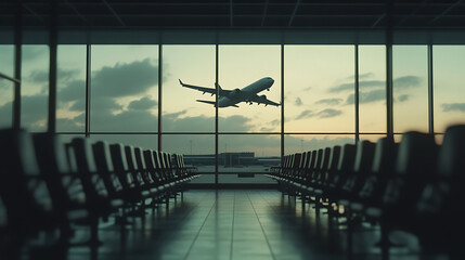 Fototapeta premium airplane takes off against stunning sunset backdrop, viewed from airport terminal. scene captures anticipation and excitement of travel
