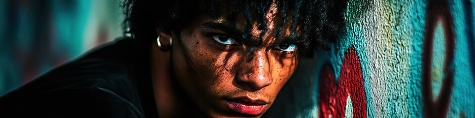 Obraz premium A dark-haired musician, shrouded in shadow, leans against a graffitied wall, their intense expression etched into their face.