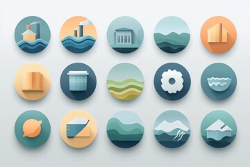 Fototapeta premium A Collection of Circular Icons Depicting Buildings, Nature, and Water