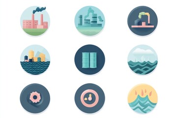 Nine Circular Icons Depicting Environmental Issues Related to Industry