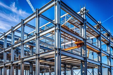 Steel Frame Commercial Building Under Construction: A Detailed View Highlighting Structural Elements with Copy Space for Architectural and Real Estate Applications