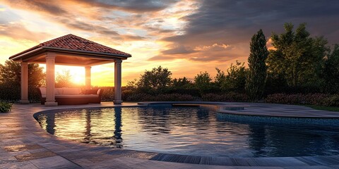 luxury pavilion on backyard with pool and line paving stones, sunset background 