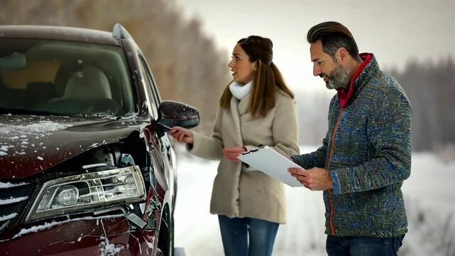 Two individuals assess a car accident in a snowy environment, with a man holding a clipboard next to a damaged car. The scene underscores the importance of car insurance during winter.