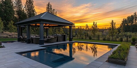 luxury pavilion on backyard with pool and line paving stones, sunset background 