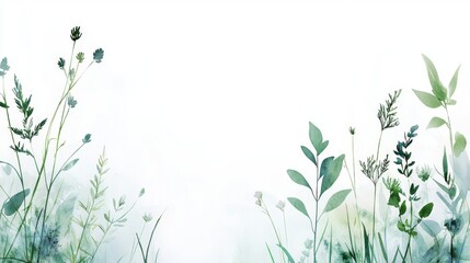 Floral Watercolor Invitation with Green Wild Plants, Organic Eco Design, Botanical Elements, Perfect for Cards and Postcards, Nature-Inspired Aesthetic