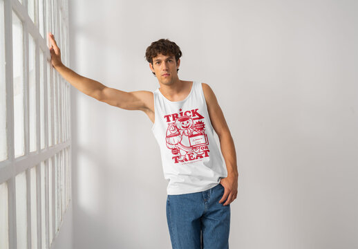 Mockup Of Man In Customizable Vest Leaning On Window