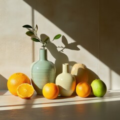 a collection of fruit and a vase with a plant in the middle.