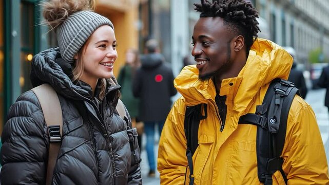 An influencer conducting an impromptu interview with a local artist on the sidewalk, sharing the conversation live with followers.