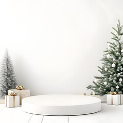 Podium stand product with giftbox and Christmas tree on white background. Christmas holiday