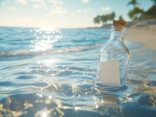 Obraz premium Love Letter in a Glass Bottle on a Sunlit Beach with Sparkling Ocean Waves and Tropical Island Background - Romantic Message in a Bottle Concept