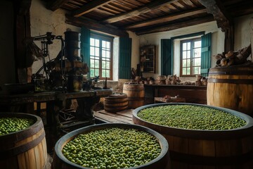 Olive oil production. Fresh olives in old wooden barrels with a vintage press