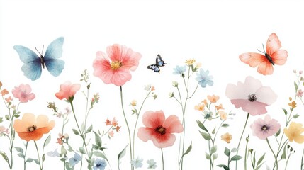 Watercolor meadow flowers and vibrant butterflies, ideal for printed products, party invitations, weddings, wallpapers, textiles, digital scrapbooking, greeting cards