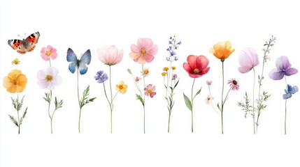 Meadow Blooms and Butterflies, vibrant watercolor illustration featuring delicate flowers and lively butterflies, ideal for invitations, wallpapers, textiles, and greeting cards.