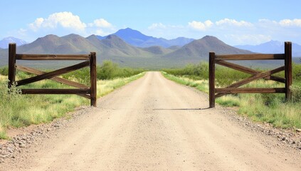 Fototapeta premium Open wooden gate at end of dirt road leading to Arizona desert with mountains