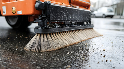 Street Cleaning Machine's Bristle Brush Sweeping Wet Asphalt Pavement Thoroughly