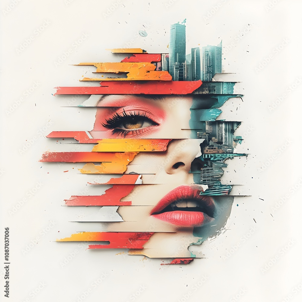 Aufkleber digitally created retro futuristic pop art portrait showcasing a woman s face in a hyper saturated n