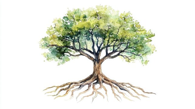 A vibrant watercolor illustration of a tree showcasing its lush green canopy and intricate roots, symbolizing growth and life.