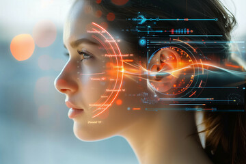 A conceptual image of a woman's profile overlaid with futuristic digital interface and cybernetic elements